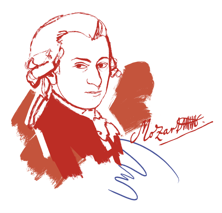 An illustrated image of W.A. Mozart in red and blue crayon with his signature 